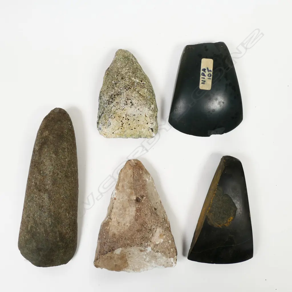 Five early pacific and other stone adze blades, Image 1++